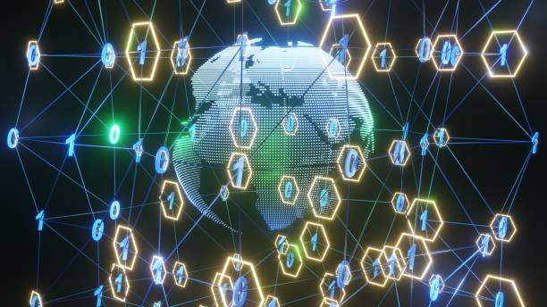 istock 3D Rendering. Artistic infographics binary numbers tunnel and Earth globe rotation 1393587769