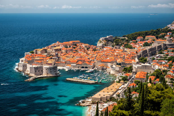Dubrovnik old town surrounded by fortified walls above the Adriatic sea, Croatia stock photo