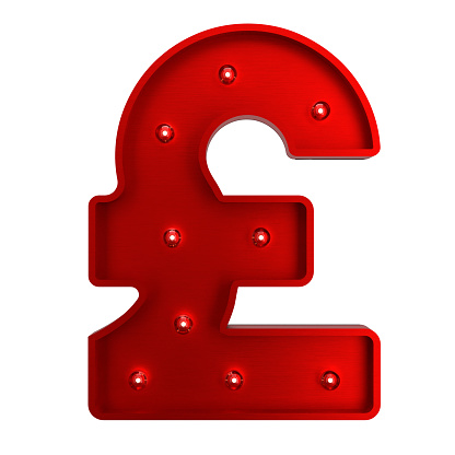 3D Red Metallic Pound icon With Light Bulbs. British Currency Concept.