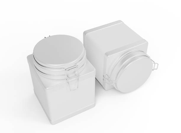 istock Square Metallic Tin Cans with Clip Lid Mockup. Square Metallic Can Isolated. 3d rendering 1393589348