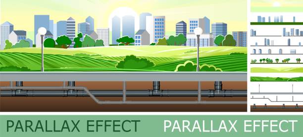 ilustraciones, imágenes clip art, dibujos animados e iconos de stock de tubería para diversos propósitos con efecto de paralaje. hermoso paisaje de la ciudad. parte subterránea del sistema. vector de ilustración - heat leak