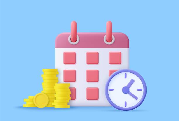 3d Time is money concept,time value of money,payment deadline.3d render. 3d Time is money concept,time value of money,payment deadline.Time money savings. timer or clock with lots of loan or credit cash and calendar date. 3d render. Vector illustration buying gold for retirement stock illustrations
