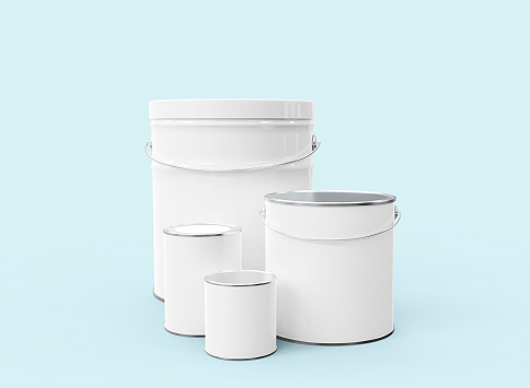 Paint Buckets Set on Blue Background. Paint buckets of various sizes Isolated