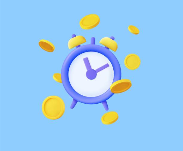 ilustraciones, imágenes clip art, dibujos animados e iconos de stock de reloj despertador 3d y monedas. - clock time alarm clock urgency