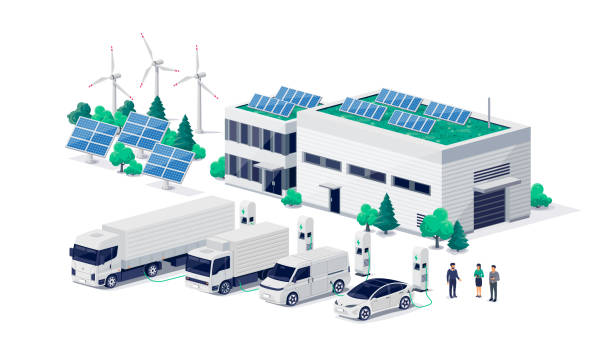 зарядка парка электромобилей компании на зарядных станциях в логистическом центре. - solar energy illustrations stock illustrations