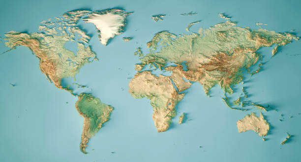 world map 3d rendent la couleur de la carte topographique - planisphère photos et images de collection