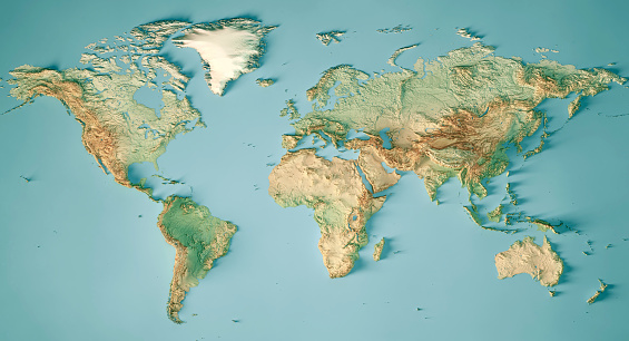 3D Render of a Topographic Map of the World in Miller Projection. \nAll source data is in the public domain.\nColor and Water texture: Made with Natural Earth. \nhttp://www.naturalearthdata.com/downloads/10m-raster-data/10m-cross-blend-hypso/\nhttp://www.naturalearthdata.com/downloads/110m-physical-vectors/\nRelief texture: GMTED 2010 data courtesy of USGS. URL of source image: \nhttps://topotools.cr.usgs.gov/gmted_viewer/viewer.htm