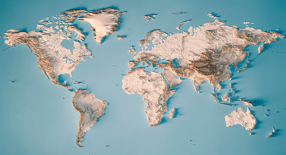 3D Render of a Topographic Map of the World in Miller Projection.  
All source data is in the public domain.
Color and Water texture: Made with Natural Earth. 
http://www.naturalearthdata.com/downloads/10m-raster-data/10m-cross-blend-hypso/
http://www.naturalearthdata.com/downloads/110m-physical-vectors/
Relief texture: GMTED 2010 data courtesy of USGS. URL of source image: 
https://topotools.cr.usgs.gov/gmted_viewer/viewer.htm