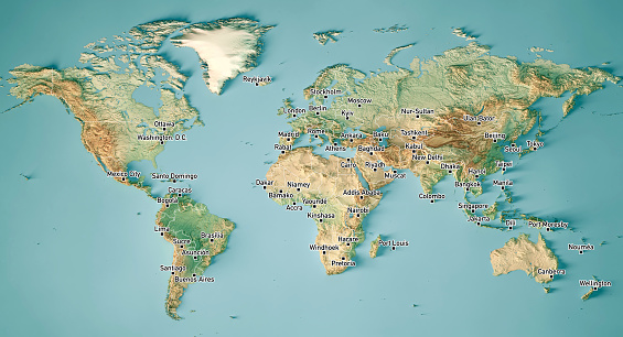 3D Render of a Topographic Map of the World in Miller Projection. Version with Country boundaries and capital cities.; \nAll source data is in the public domain.\nColor and Water texture: Made with Natural Earth. \nhttp://www.naturalearthdata.com/downloads/10m-raster-data/10m-cross-blend-hypso/\nhttp://www.naturalearthdata.com/downloads/110m-physical-vectors/\nRelief texture: GMTED 2010 data courtesy of USGS. URL of source image: \nhttps://topotools.cr.usgs.gov/gmted_viewer/viewer.htm