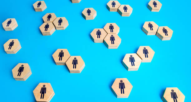 istock People on hexagons. Social statistics. Relationship between people. Demographics, human resources. Searching for candidates, hiring new employees for vacancies. Communication. Personnel management. 1393593244
