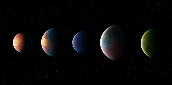 Extrasolar planets in deep space. Exoplanets of different sizes and colors. Composite image.