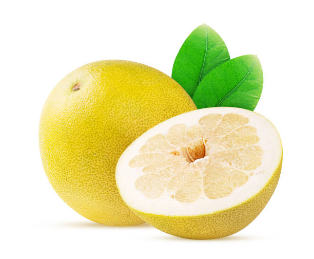 istock Pamela citrus fruit one cut in half with green leaf 1393600709