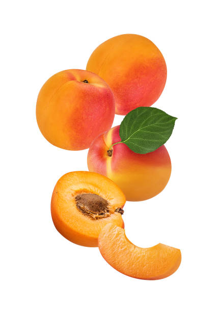 istock Fly fresh ripe apricot with green leaf and slice 1393600871