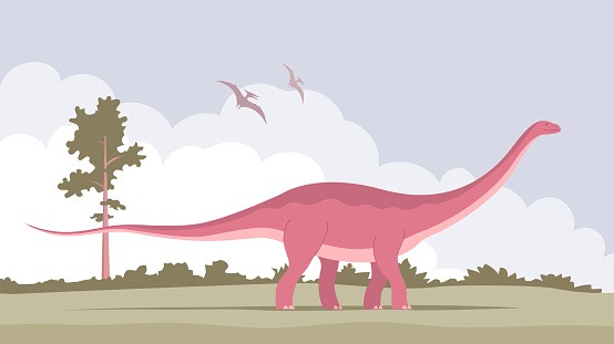Big brontosaurus with a long neck. Ancient pangolin apatosaurus. Herbivorous dinosaur of the Jurassic period. Vector cartoon illustration. Prehistoric nature background. Wild landscape