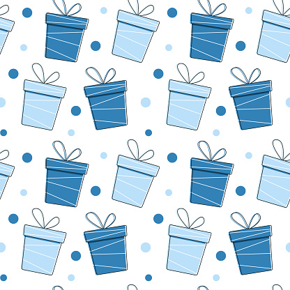 Blue gift boxes on a white background. Birthday, new year. Seamless pattern. Can be used for wallpaper, fill web page background, surface textures
