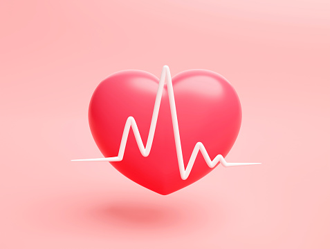 Red heart and heartbeat wave icon sign or symbol on pink background 3d illustration