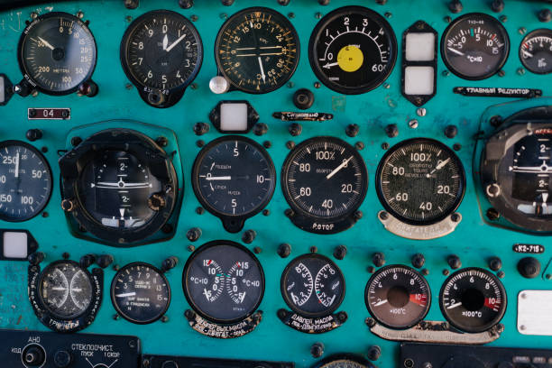 istock Toggle switches old soviet helicopter mi2 many text Russian language which translates Light danger Beacon Suspension Cargo Dump Tactical Emergency 1393605171