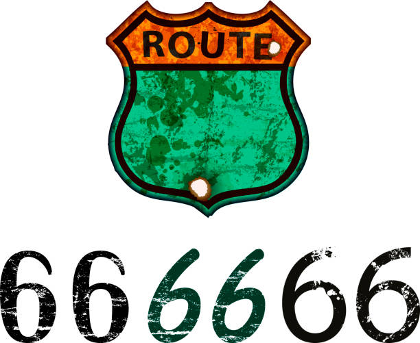 illustrazioni stock, clip art, cartoni animati e icone di tendenza di segnale stradale arrugginito e angosciato vintage, vari caratteri tipografici per la route 66, illustrazione vettoriale grungy retrò - route 66 road sign thoroughfare badge