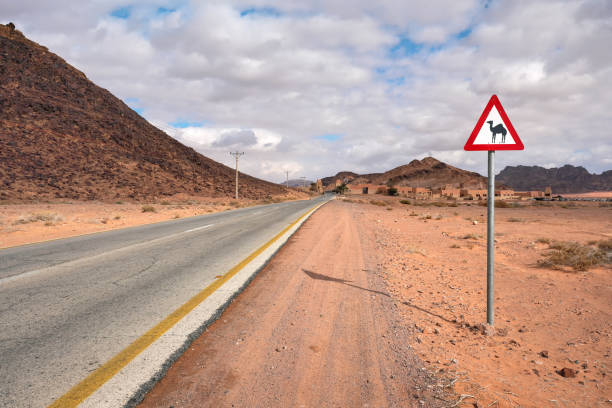 pusta pustynna droga w wadi rum, czerwony trójkąt ostrzegawczy wielbłądów w pobliżu - jordan camel wadi rum arabia zdjęcia i obrazy z banku zdjęć