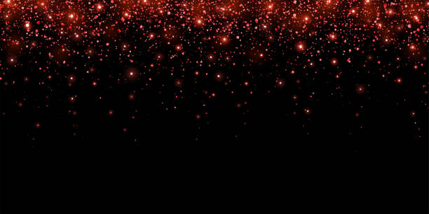 istock Wide red glitter holiday confetti with glow lights on black background. Vector 1393605834