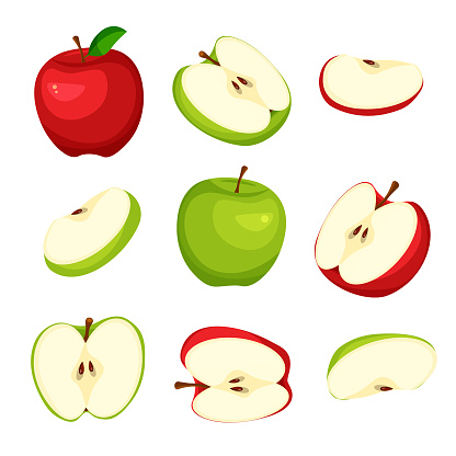 Set of fresh whole, half, cut slice of red and green apple. Vegan food vector icons in a trendy cartoon style. Vector illustration isolated on white background.