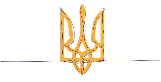 ciągły jednoliniowy rysunek ukraińskiego trójzębu - ukraine trident ukrainian culture coat of arms stock illustrations