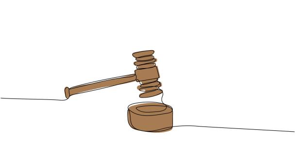 gambar satu baris terus menerus dari palu kayu hakim - court line ilustrasi stok