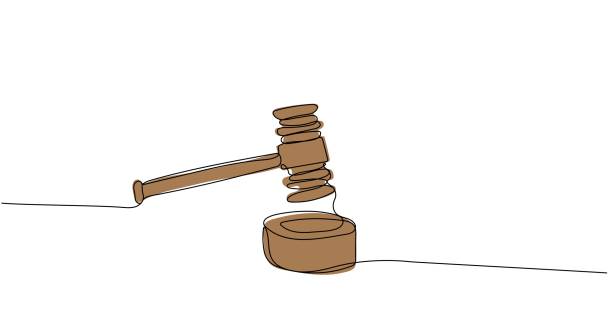 판사 나무 망치의 연속 한 줄 그리기 - gavel auction law courthouse stock illustrations