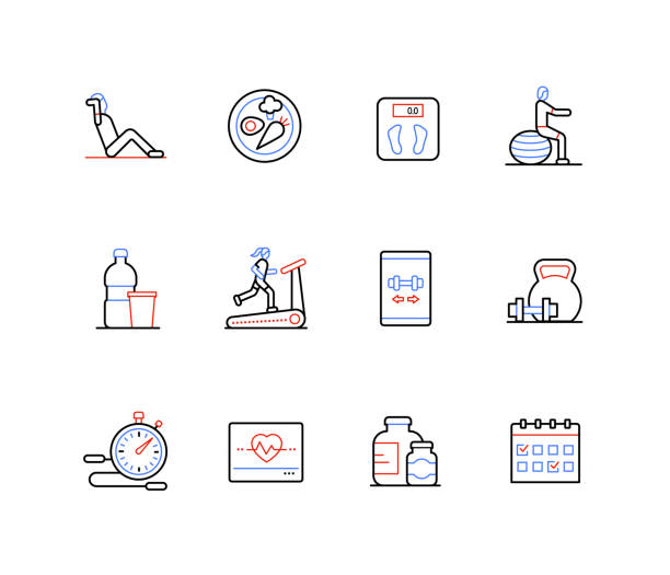 Fitness and sports activity - line design style icons Fitness and sports activity - line design style icons set with editable stroke. Health care, strength exercises, scales, treadmill, cardio, protein, dumbbells, stopwatch. Athlete lifestyle idea exercise class icon stock illustrations