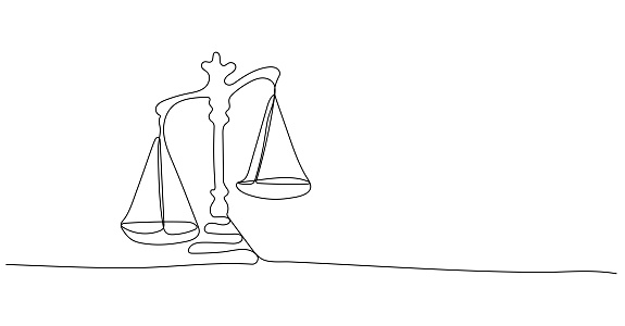 Continuous one line drawing of unbalanced scales of justice. Minimalist linear design isolated on white background. Trendy vector illustration