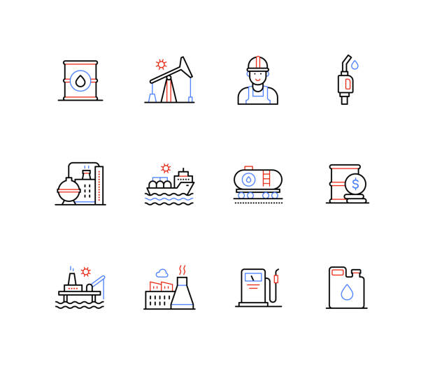 Extraction and use of oil - line design style icons Extraction and use of oil - line design style icons with editable stroke. Fuel industry, barrel, rig, gas canister and station, industrial resources transportation by barge, containers, factory idea oil industry stock illustrations