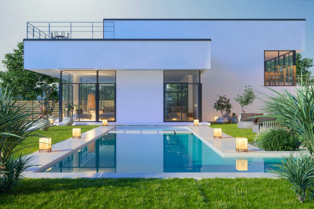 esterno di lussuosa villa moderna con piscina e giardino - residenza di villeggiatura foto e immagini stock