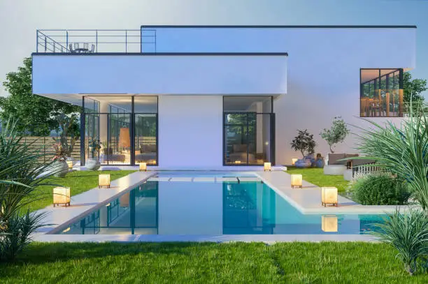 Photo of Exterior Of Luxurious Modern Villa With Swimming Pool And Garden