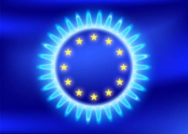 유럽 연합 국기의 배경에 가스 렌지의 푸른 불꽃 - nord stream stock illustrations