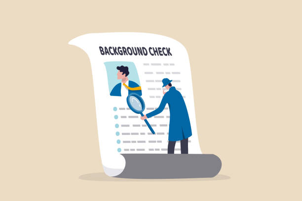 ilustrações de stock, clip art, desenhos animados e ícones de background check for employment or recruitment, criminal or drug check on candidate or employee, work experience or career history concept, detective with magnifier checking on candidate document. - close up businessman corporate business side view