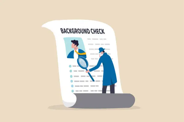 Vector illustration of Background check for employment or recruitment, criminal or drug check on candidate or employee, work experience or career history concept, detective with magnifier checking on candidate document.