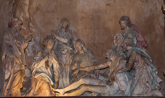 Le Mans, sarthe, france, march 31, 2022 : group sculpture of Entombment of christ in chapel of  Saint Julian cathedral