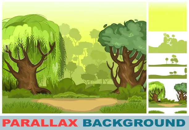 Vector illustration of Summer forest landscape. Set for parallax effect. Dense foliage, shrubs and a clearing at the edge. Nature illustration. Light foggy thickets. View of green trees. Cartoon flat style. Vector