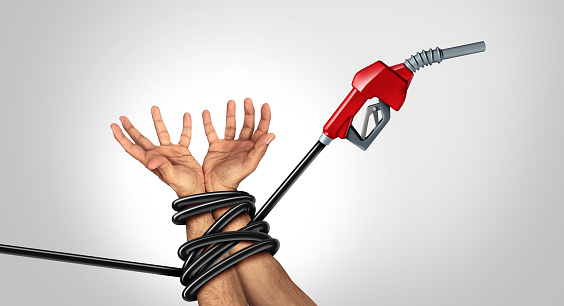 Pain at the gas pump and economic challenge or rising fuel prices and oil increase fuel concept or painful increasing crude petroleum and fossil energy with 3D illustration elements.