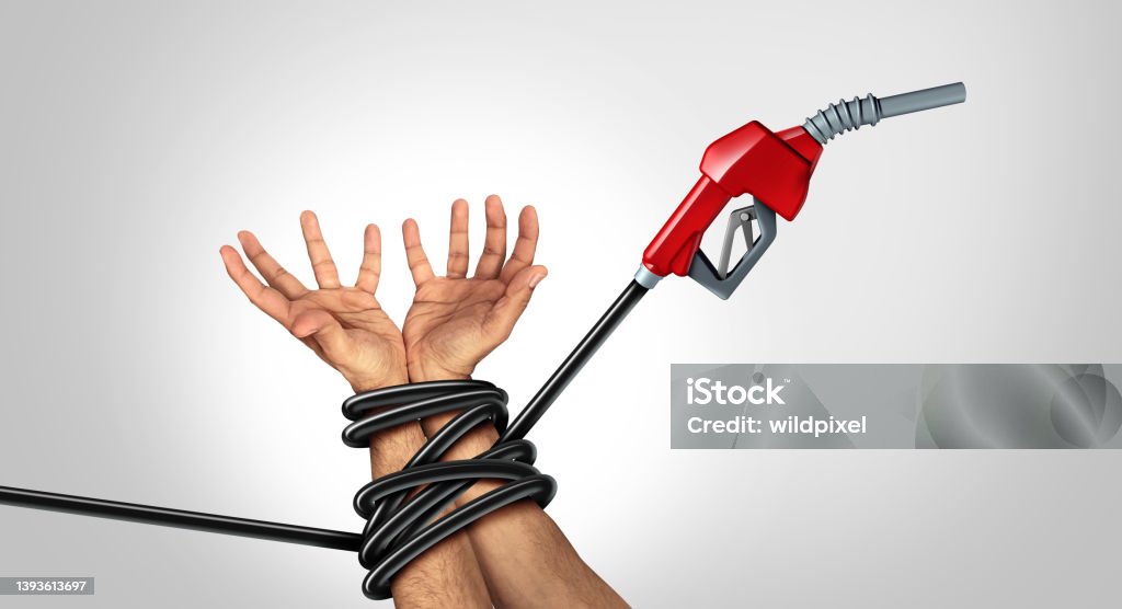 Pain At The Pump Pain at the gas pump and economic challenge or rising fuel prices and oil increase fuel concept or painful increasing crude petroleum and fossil energy with 3D illustration elements. Fuel Prices Stock Photo