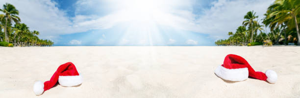 istock Santa Claus hat on beach. Long banner 1393614333