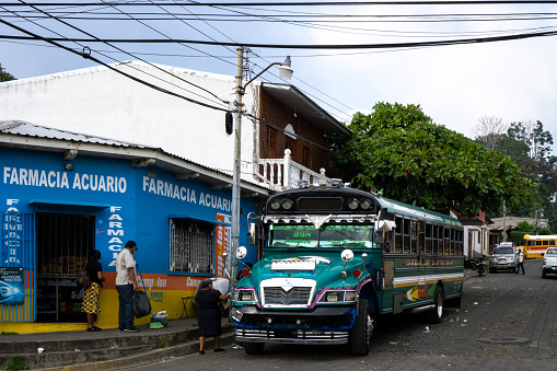 Juayua, El Salvador - January 29, 2022: Typical bus in El Salvador called \