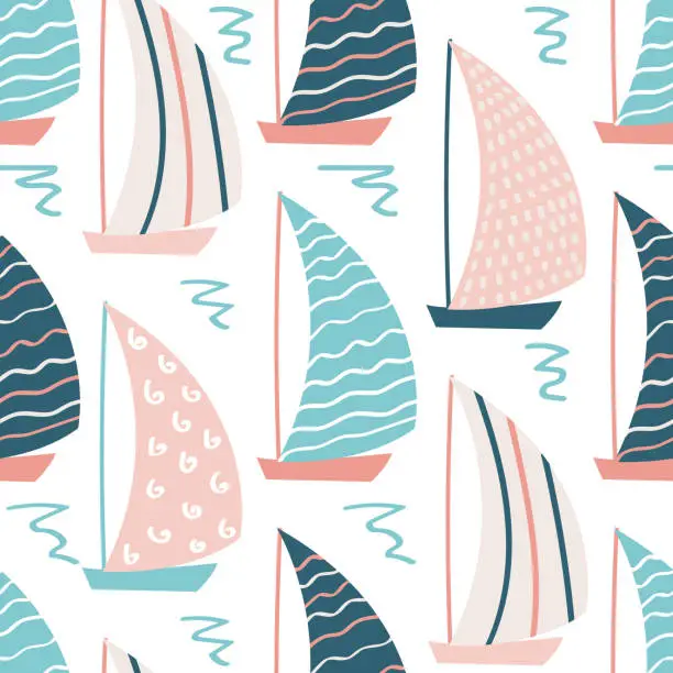 Vector illustration of Seamless pattern with hand drawn yachts.