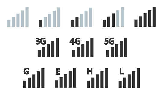 Network icon 3g, 4g, 5g, G, E, H, L. Mobile antenna level illustration symbol. Sign smartphone signal vector.