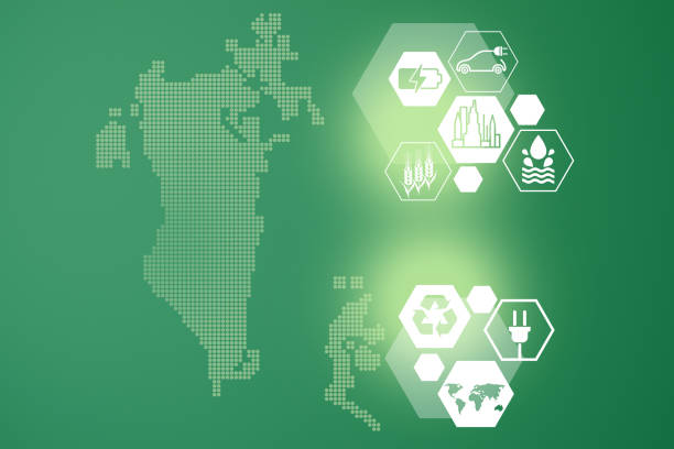 istock Energy saving concept. Energy innovation with future industry of power generation icons graphic interface. Interactive map of   Bahrain on green background 1393618115