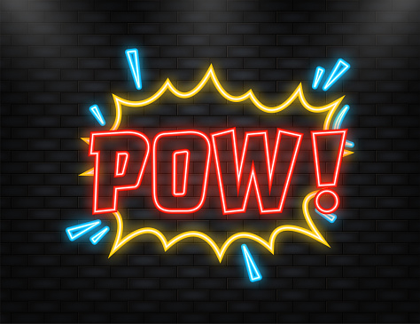 Neon Icon. Pow in vintage style. Cartoon style vector. Pop art. Vector text. Wow effect.
