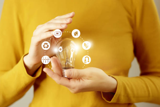 Woman hand holding light bulb with icons energy sources for renewable, sustainable development, save energy.