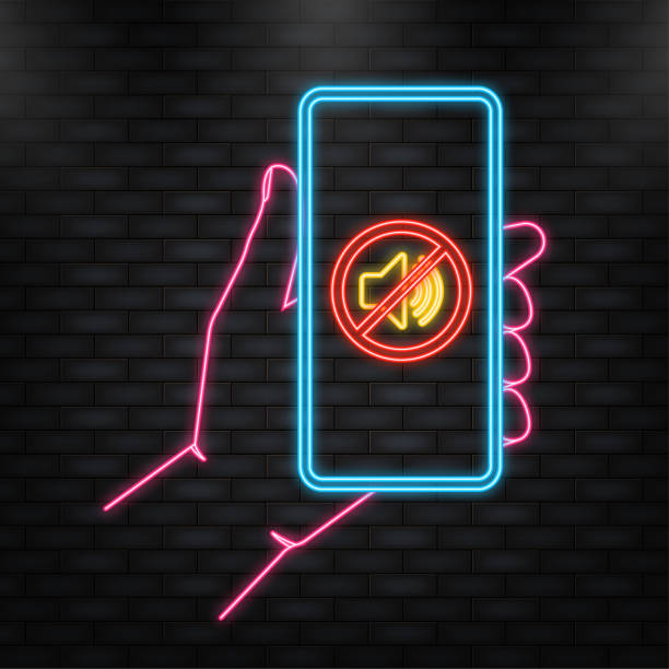 ikona neonu. ręka trzyma telefon bez znaku dźwiękowego na ekranie na tle darck. ilustracja wektorowa - 5608 stock illustrations