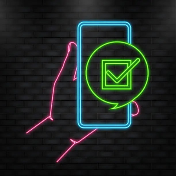 Vector illustration of Neon Icon. Hand holds phone with check mark on screen on green background. Vector illustration