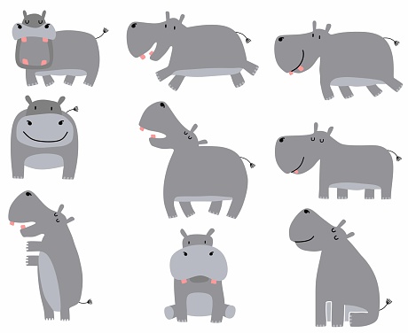 Set of different hippos on white background.